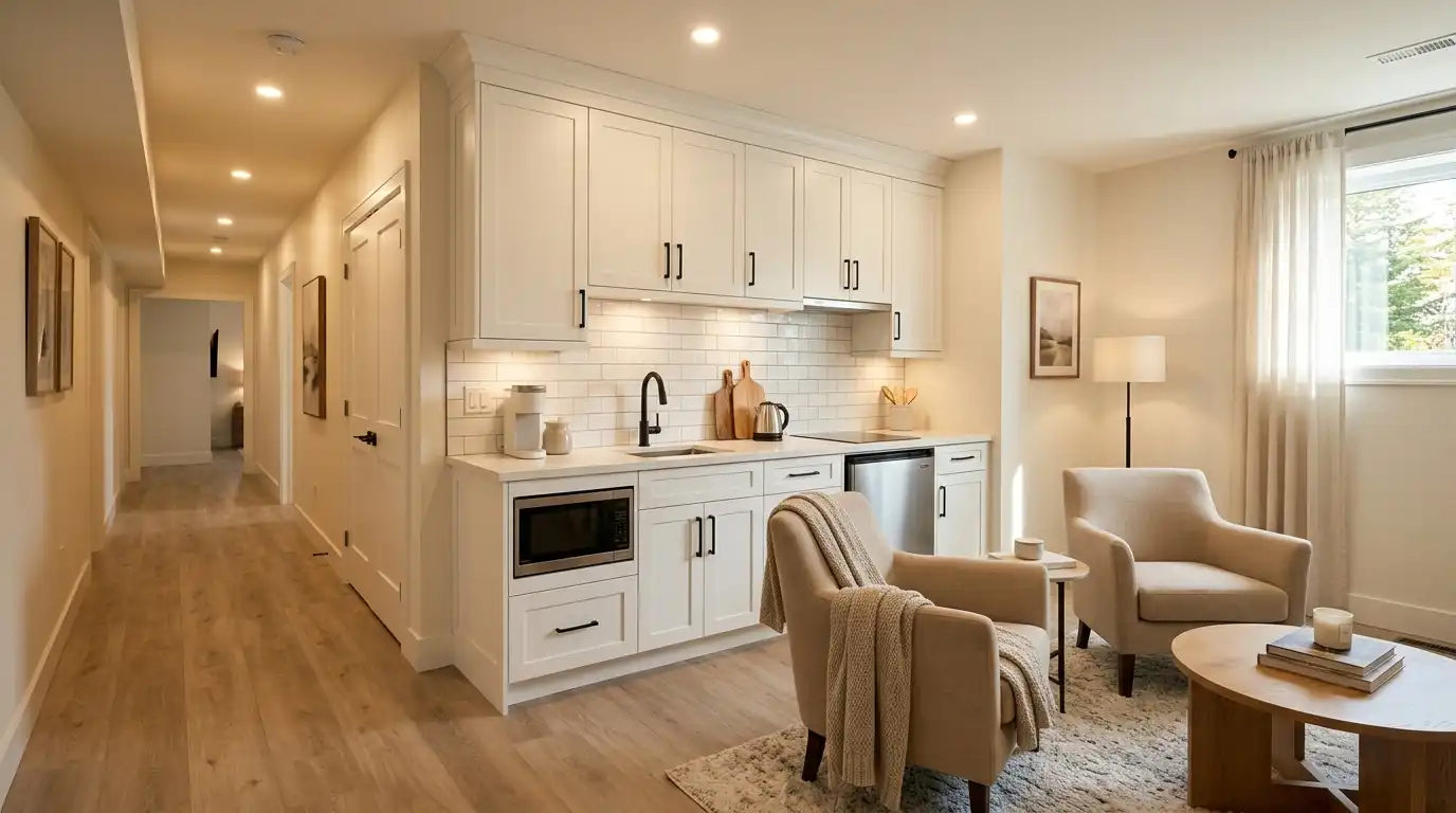 Basement in-law or secondary suite conversion with kitchenette and private living zone.